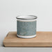 Front View Custom Cypress California Map Enamel Mug in Afternoon on Cutting Board