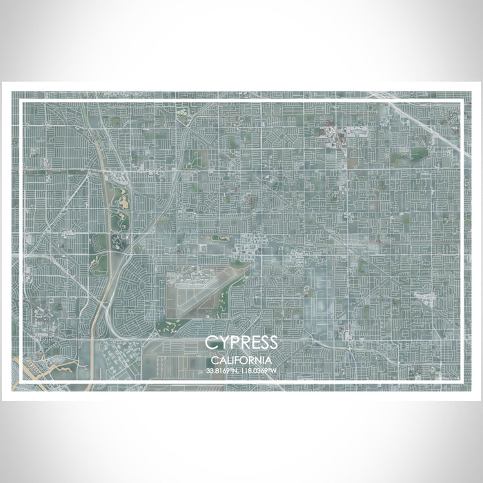 Cypress California Map Print Landscape Orientation in Afternoon Style With Shaded Background