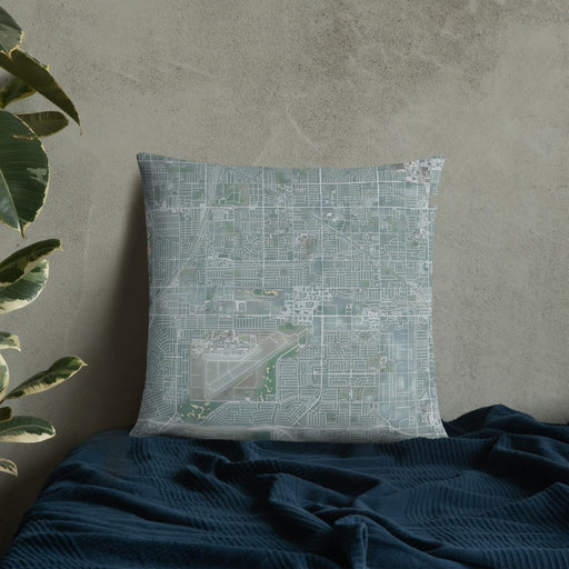 Custom Cypress California Map Throw Pillow in Afternoon on Bedding Against Wall