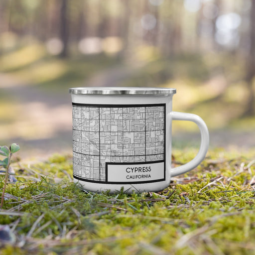 Right View Custom Cypress California Map Enamel Mug in Classic on Grass With Trees in Background