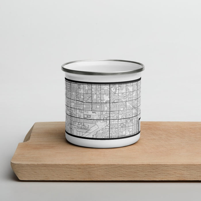 Front View Custom Cypress California Map Enamel Mug in Classic on Cutting Board