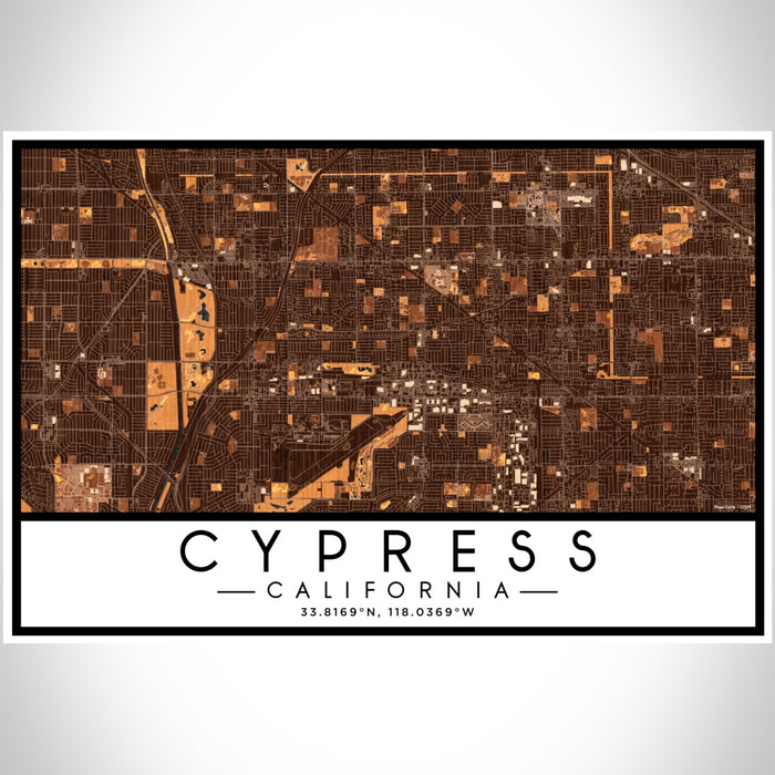 Cypress California Map Print Landscape Orientation in Ember Style With Shaded Background