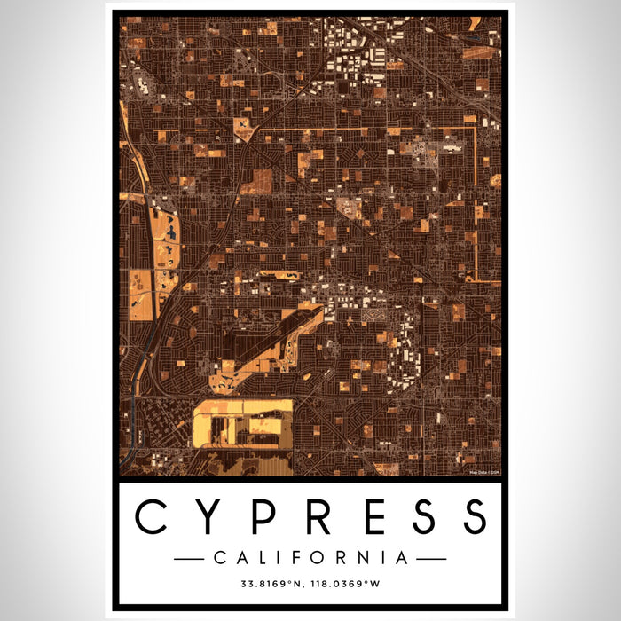 Cypress California Map Print Portrait Orientation in Ember Style With Shaded Background