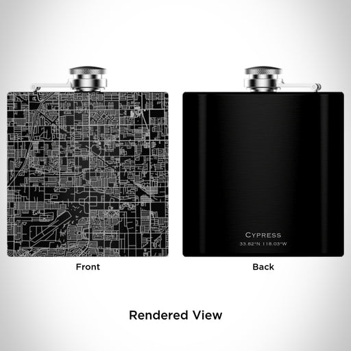 Rendered View of Cypress California Map Engraving on 6oz Stainless Steel Flask in Black