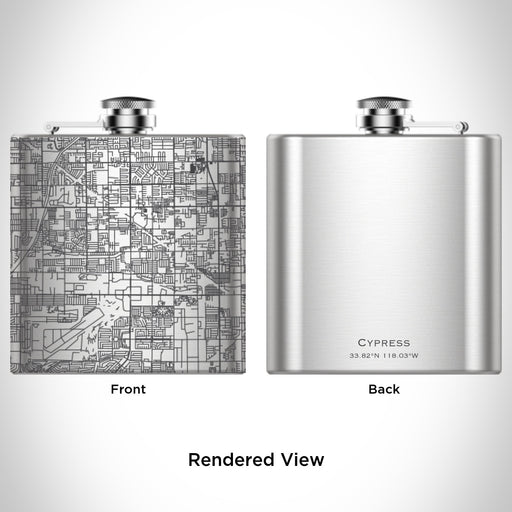 Rendered View of Cypress California Map Engraving on 6oz Stainless Steel Flask