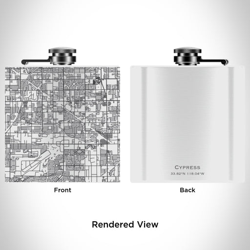 Rendered View of Cypress California Map Engraving on 6oz Stainless Steel Flask in White