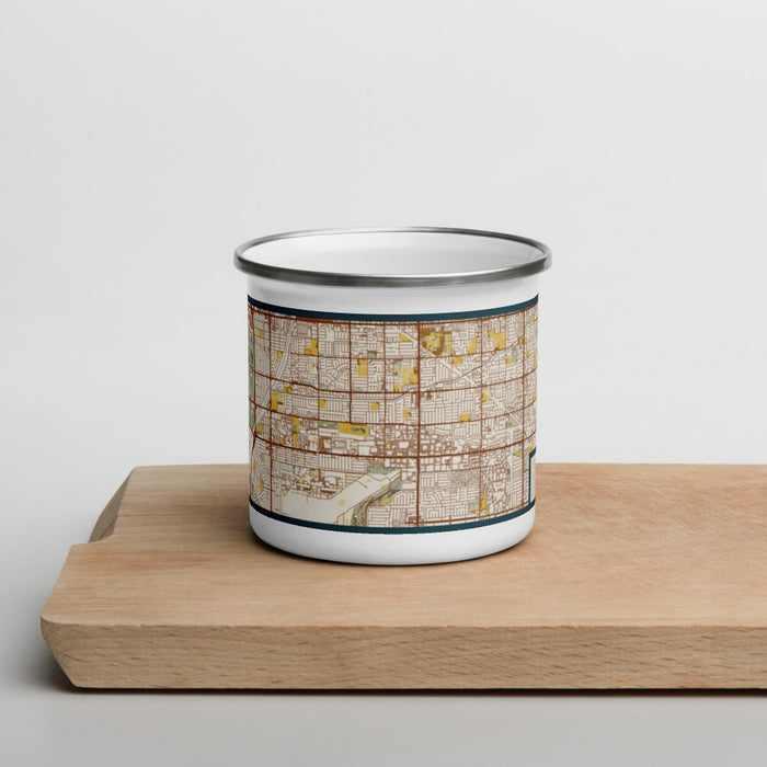 Front View Custom Cypress California Map Enamel Mug in Woodblock on Cutting Board