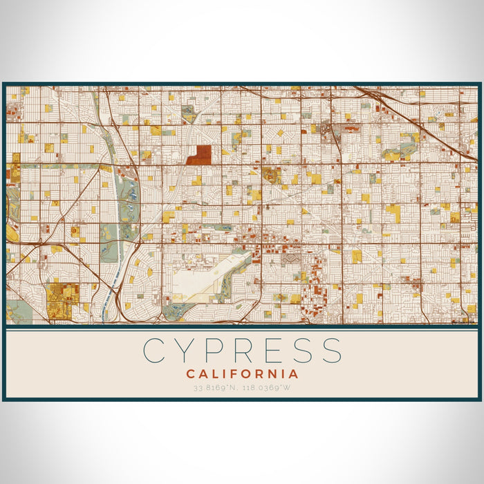 Cypress California Map Print Landscape Orientation in Woodblock Style With Shaded Background