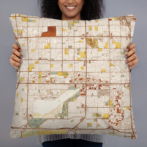 Person holding 22x22 Custom Cypress California Map Throw Pillow in Woodblock