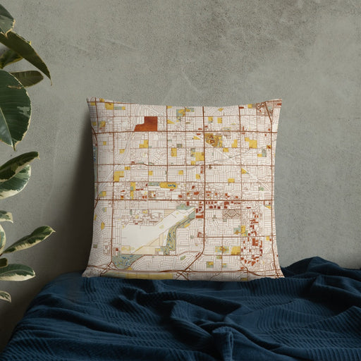 Custom Cypress California Map Throw Pillow in Woodblock on Bedding Against Wall