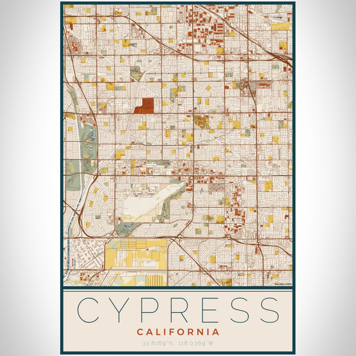 Cypress California Map Print Portrait Orientation in Woodblock Style With Shaded Background