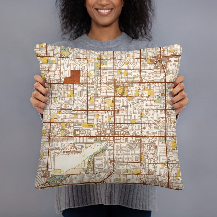Person holding 18x18 Custom Cypress California Map Throw Pillow in Woodblock