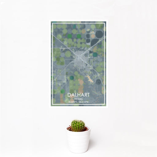 12x18 Dalhart Texas Map Print Portrait Orientation in Afternoon Style With Small Cactus Plant in White Planter