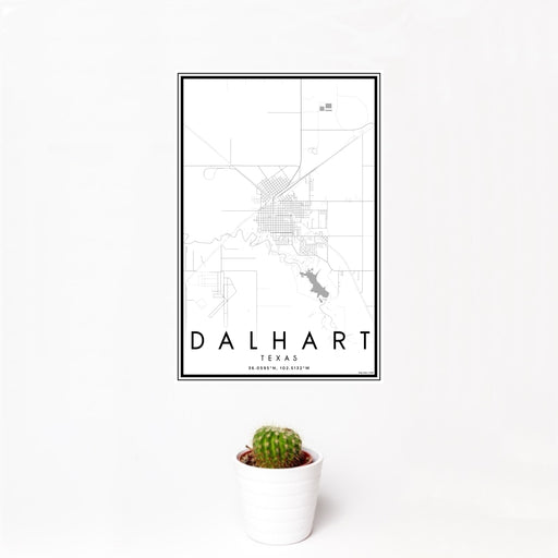 12x18 Dalhart Texas Map Print Portrait Orientation in Classic Style With Small Cactus Plant in White Planter