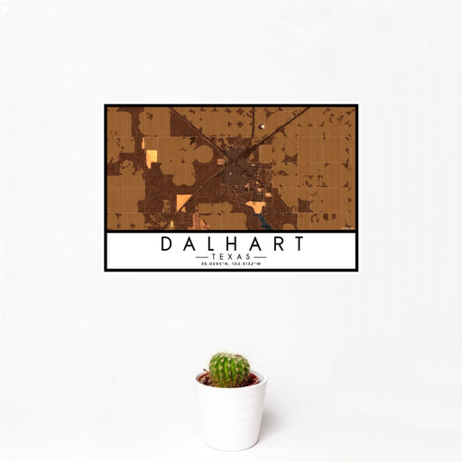 12x18 Dalhart Texas Map Print Landscape Orientation in Ember Style With Small Cactus Plant in White Planter