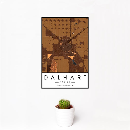 12x18 Dalhart Texas Map Print Portrait Orientation in Ember Style With Small Cactus Plant in White Planter