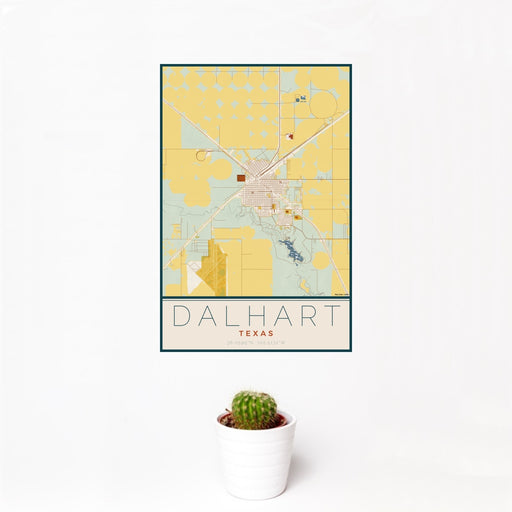 12x18 Dalhart Texas Map Print Portrait Orientation in Woodblock Style With Small Cactus Plant in White Planter