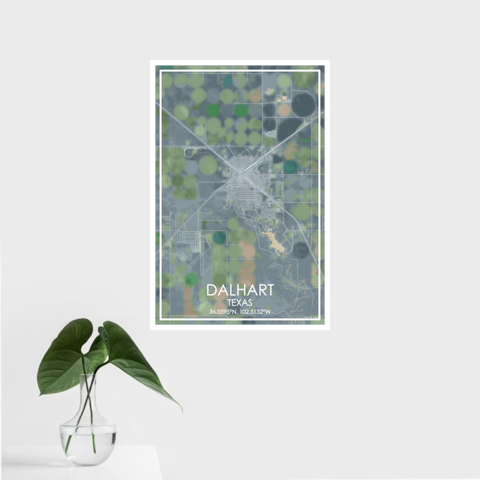 16x24 Dalhart Texas Map Print Portrait Orientation in Afternoon Style With Tropical Plant Leaves in Water