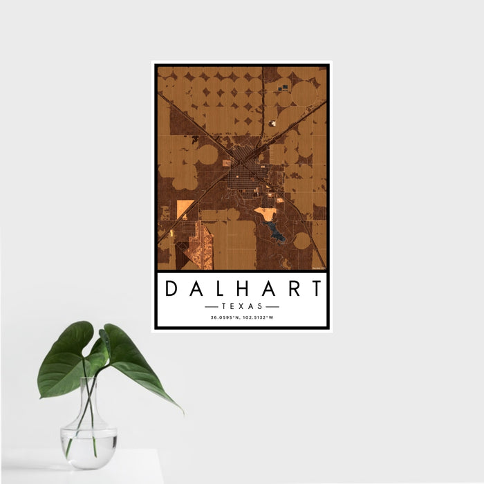 16x24 Dalhart Texas Map Print Portrait Orientation in Ember Style With Tropical Plant Leaves in Water