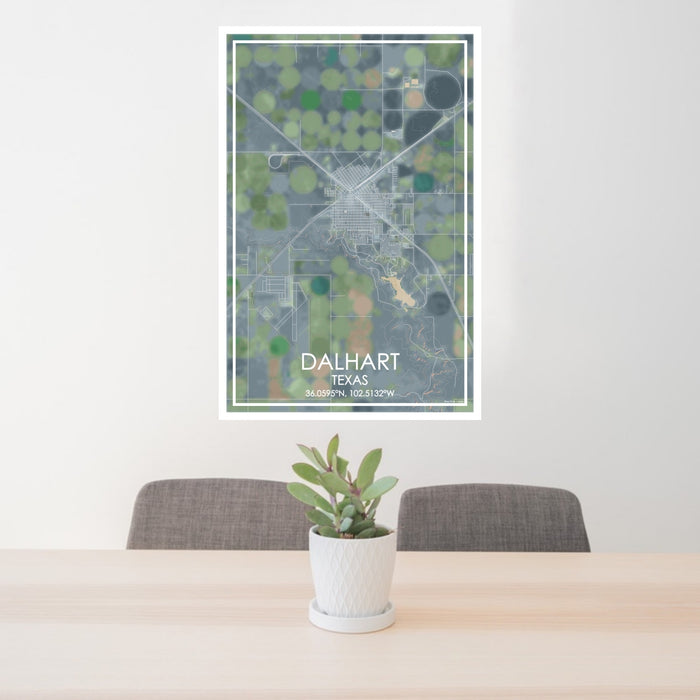 24x36 Dalhart Texas Map Print Portrait Orientation in Afternoon Style Behind 2 Chairs Table and Potted Plant