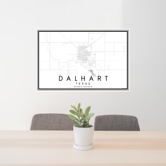 24x36 Dalhart Texas Map Print Lanscape Orientation in Classic Style Behind 2 Chairs Table and Potted Plant