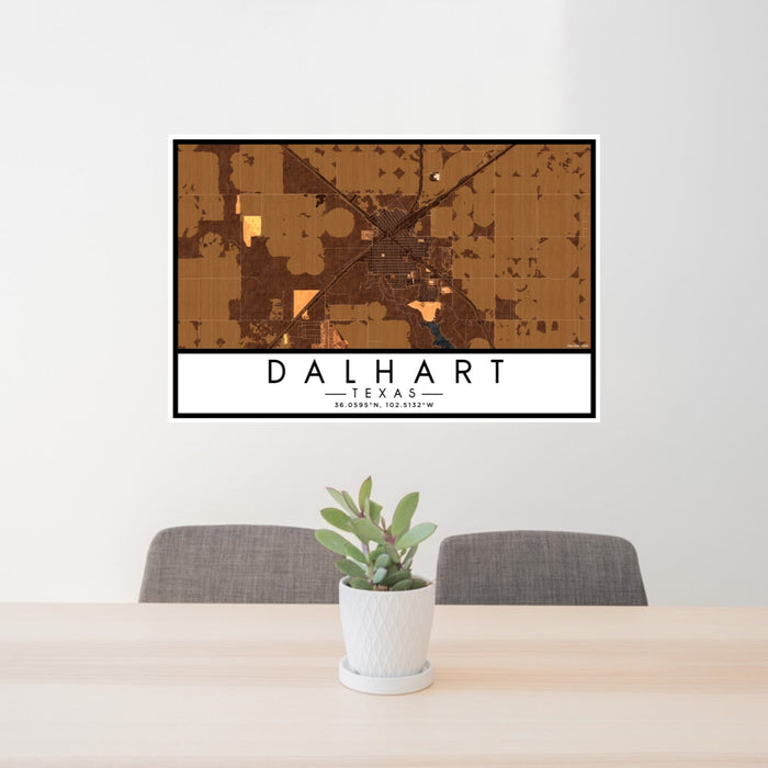 24x36 Dalhart Texas Map Print Lanscape Orientation in Ember Style Behind 2 Chairs Table and Potted Plant