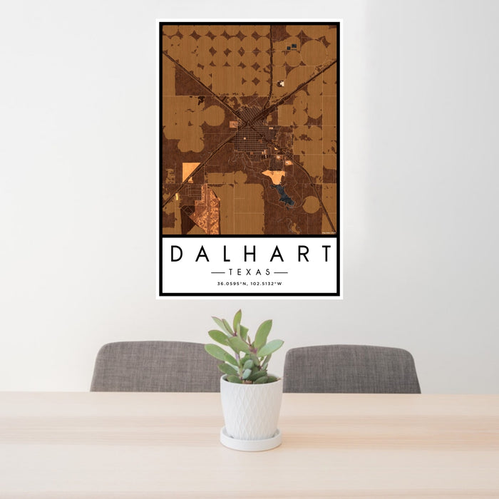 24x36 Dalhart Texas Map Print Portrait Orientation in Ember Style Behind 2 Chairs Table and Potted Plant
