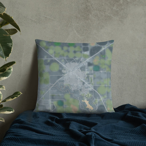 Custom Dalhart Texas Map Throw Pillow in Afternoon on Bedding Against Wall
