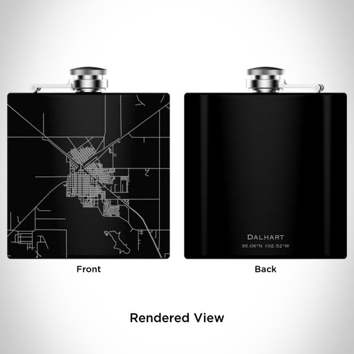 Rendered View of Dalhart Texas Map Engraving on 6oz Stainless Steel Flask in Black