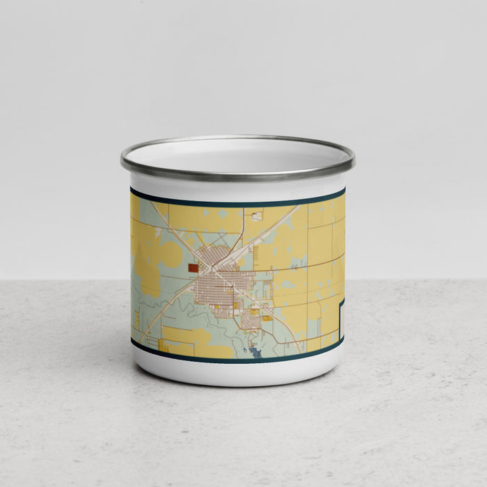 Front View Custom Dalhart Texas Map Enamel Mug in Woodblock