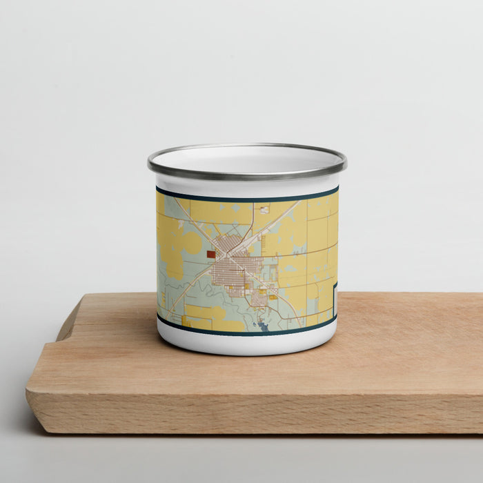 Front View Custom Dalhart Texas Map Enamel Mug in Woodblock on Cutting Board