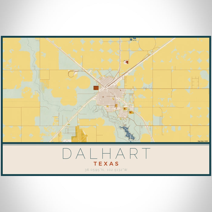 Dalhart Texas Map Print Landscape Orientation in Woodblock Style With Shaded Background