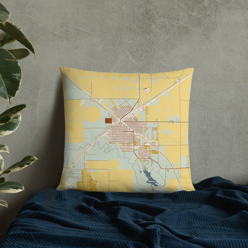 Custom Dalhart Texas Map Throw Pillow in Woodblock on Bedding Against Wall