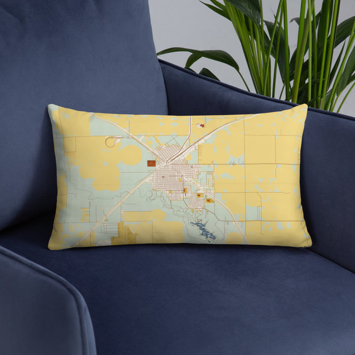 Custom Dalhart Texas Map Throw Pillow in Woodblock on Blue Colored Chair