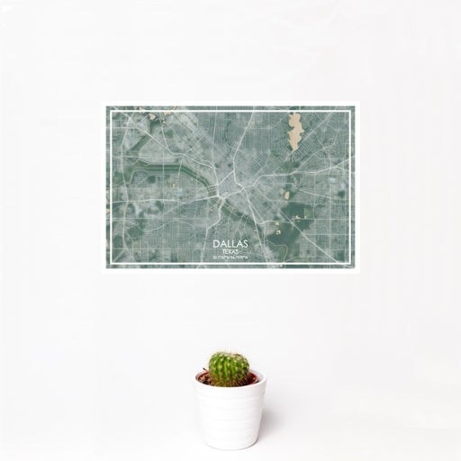 12x18 Dallas Texas Map Print Landscape Orientation in Afternoon Style With Small Cactus Plant in White Planter