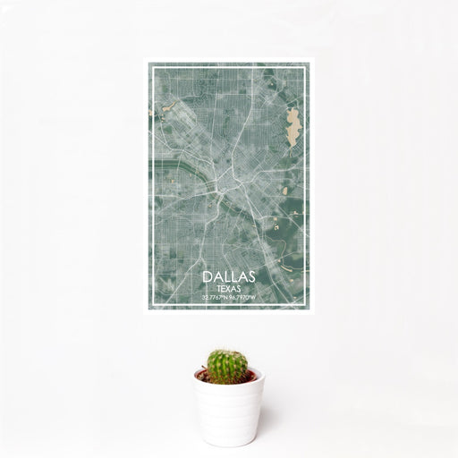12x18 Dallas Texas Map Print Portrait Orientation in Afternoon Style With Small Cactus Plant in White Planter