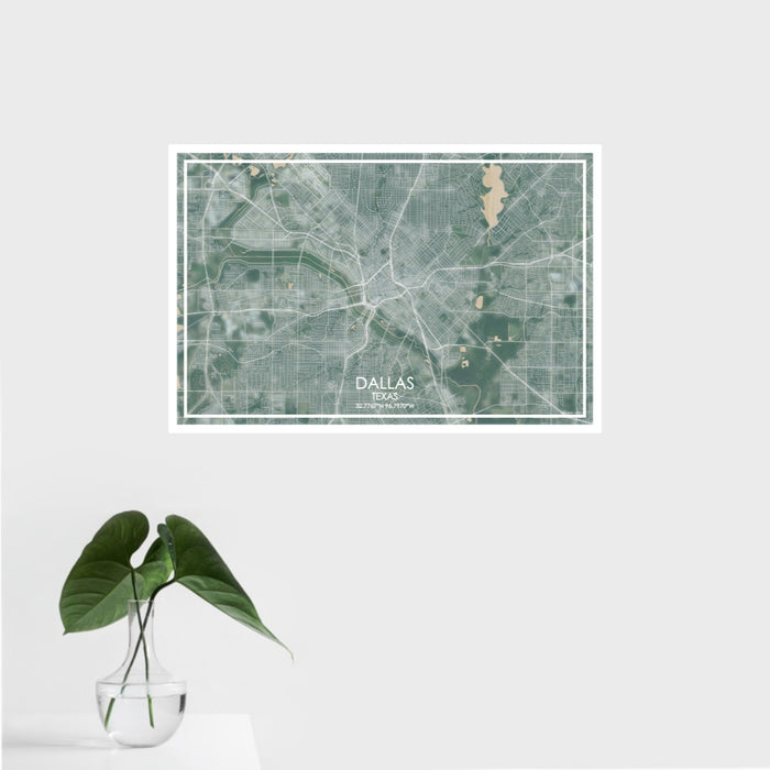 16x24 Dallas Texas Map Print Landscape Orientation in Afternoon Style With Tropical Plant Leaves in Water