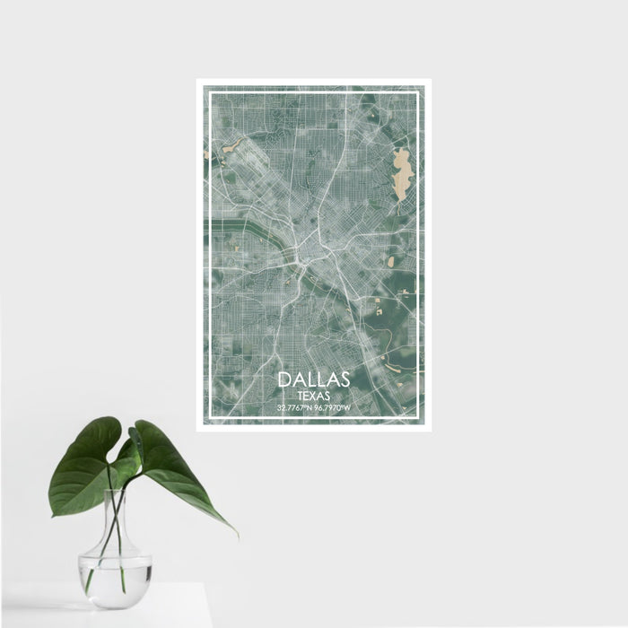 16x24 Dallas Texas Map Print Portrait Orientation in Afternoon Style With Tropical Plant Leaves in Water