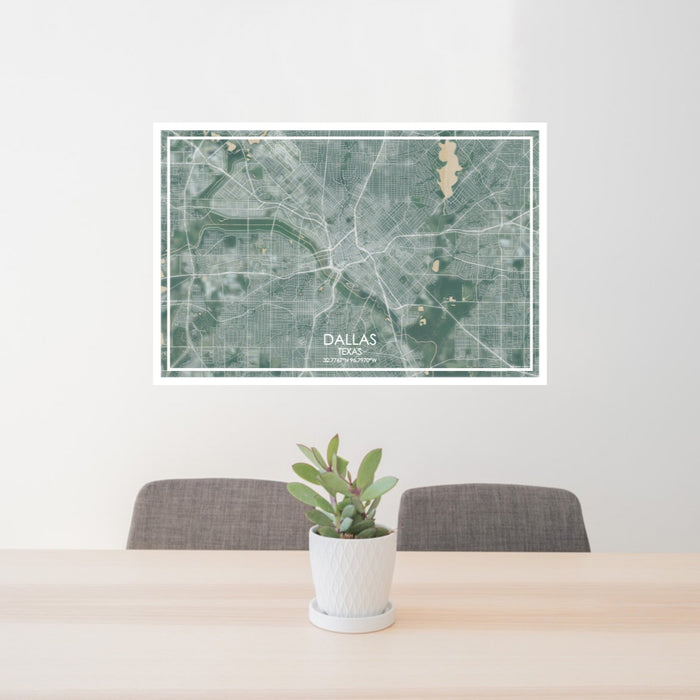 24x36 Dallas Texas Map Print Lanscape Orientation in Afternoon Style Behind 2 Chairs Table and Potted Plant