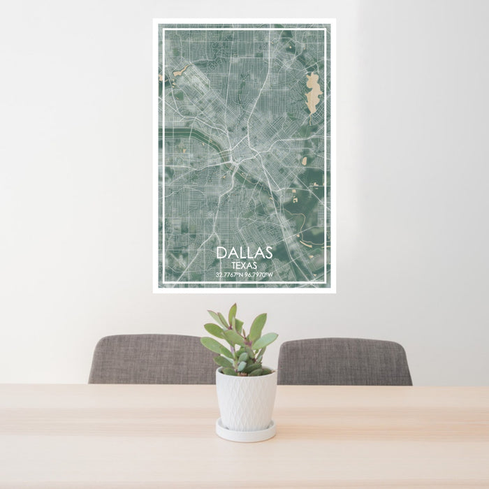 24x36 Dallas Texas Map Print Portrait Orientation in Afternoon Style Behind 2 Chairs Table and Potted Plant