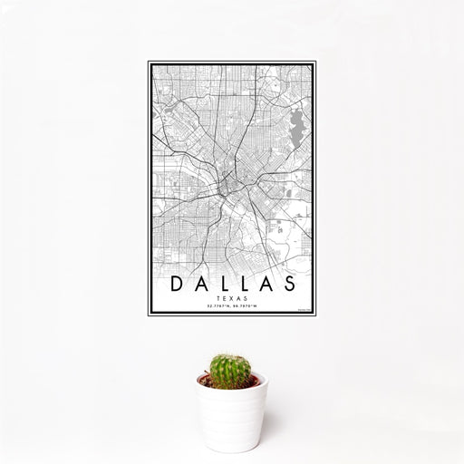 12x18 Dallas Texas Map Print Portrait Orientation in Classic Style With Small Cactus Plant in White Planter