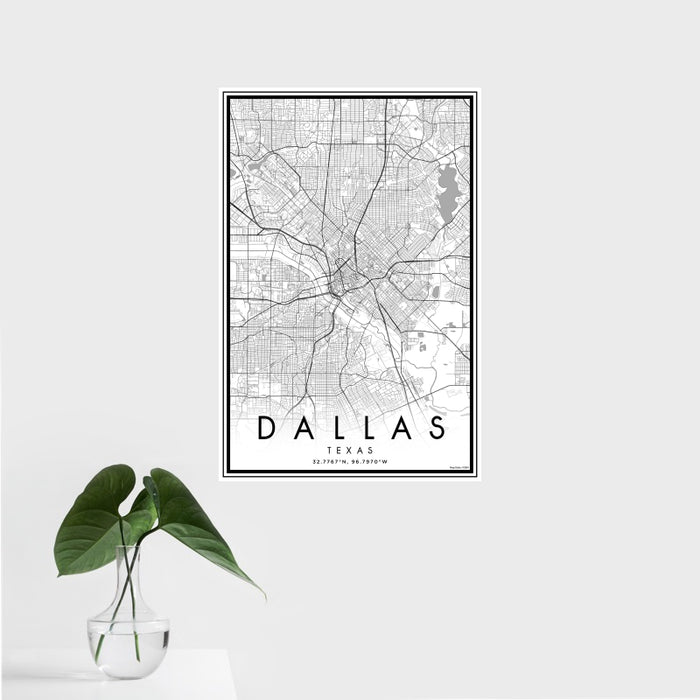 16x24 Dallas Texas Map Print Portrait Orientation in Classic Style With Tropical Plant Leaves in Water