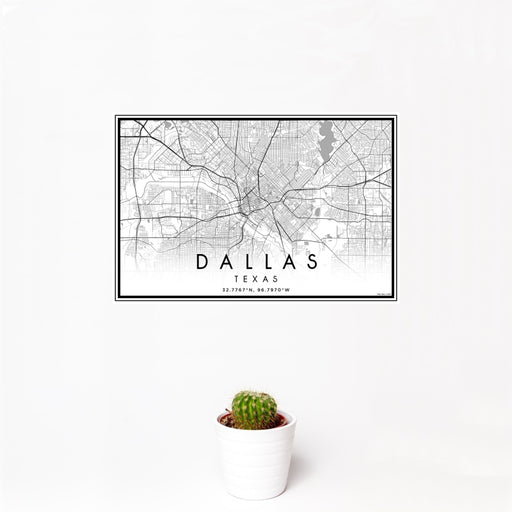 12x18 Dallas Texas Map Print Landscape Orientation in Classic Style With Small Cactus Plant in White Planter