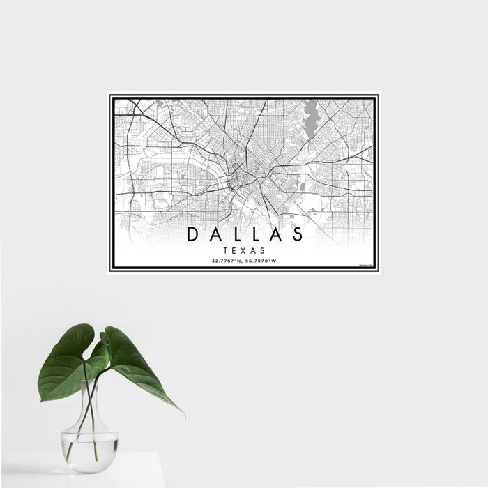 16x24 Dallas Texas Map Print Landscape Orientation in Classic Style With Tropical Plant Leaves in Water