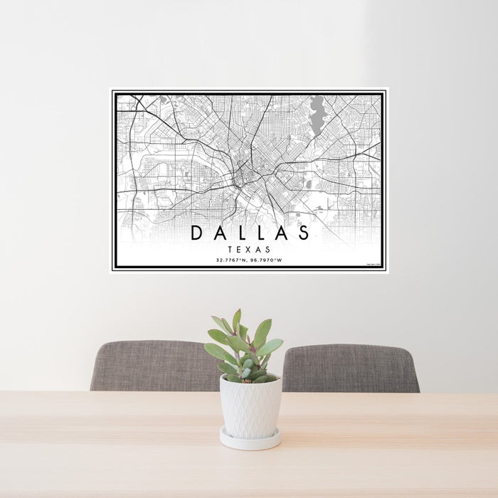 24x36 Dallas Texas Map Print Landscape Orientation in Classic Style Behind 2 Chairs Table and Potted Plant