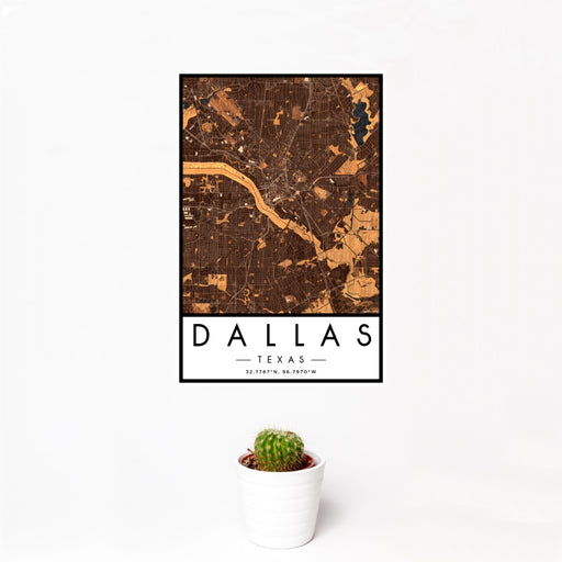 12x18 Dallas Texas Map Print Portrait Orientation in Ember Style With Small Cactus Plant in White Planter