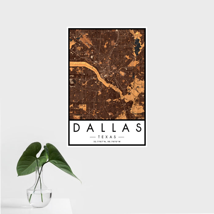 16x24 Dallas Texas Map Print Portrait Orientation in Ember Style With Tropical Plant Leaves in Water