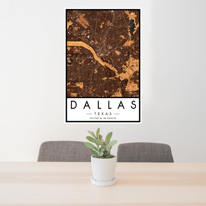 24x36 Dallas Texas Map Print Portrait Orientation in Ember Style Behind 2 Chairs Table and Potted Plant