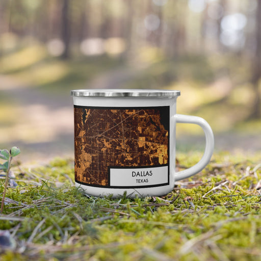 Right View Custom Dallas Texas Map Enamel Mug in Ember on Grass With Trees in Background