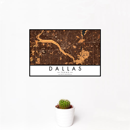 12x18 Dallas Texas Map Print Landscape Orientation in Ember Style With Small Cactus Plant in White Planter